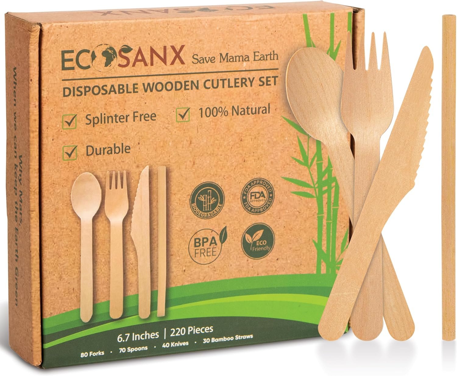 ECOSANX® 220 PCs Disposable Wooden Cutlery set 6.3″ Splinter Free Compostable Utensils for party, Eco-Friendly, 100% All-Natural Bamboo Utensils set for picnic, Bamboo cutlery set for Events & More