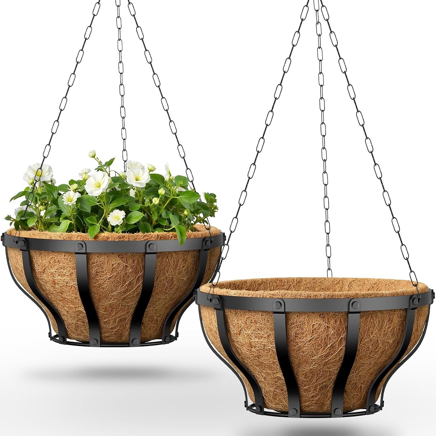 VOXOR Metal Hanging Baskets for Plants, Heavy Duty Wrought Iron Hanging Baskets with Coco Liner & Reinforced Chain, Ideal for Garden, Patio & Porch Decoration (2 Pack, 12 Inch)