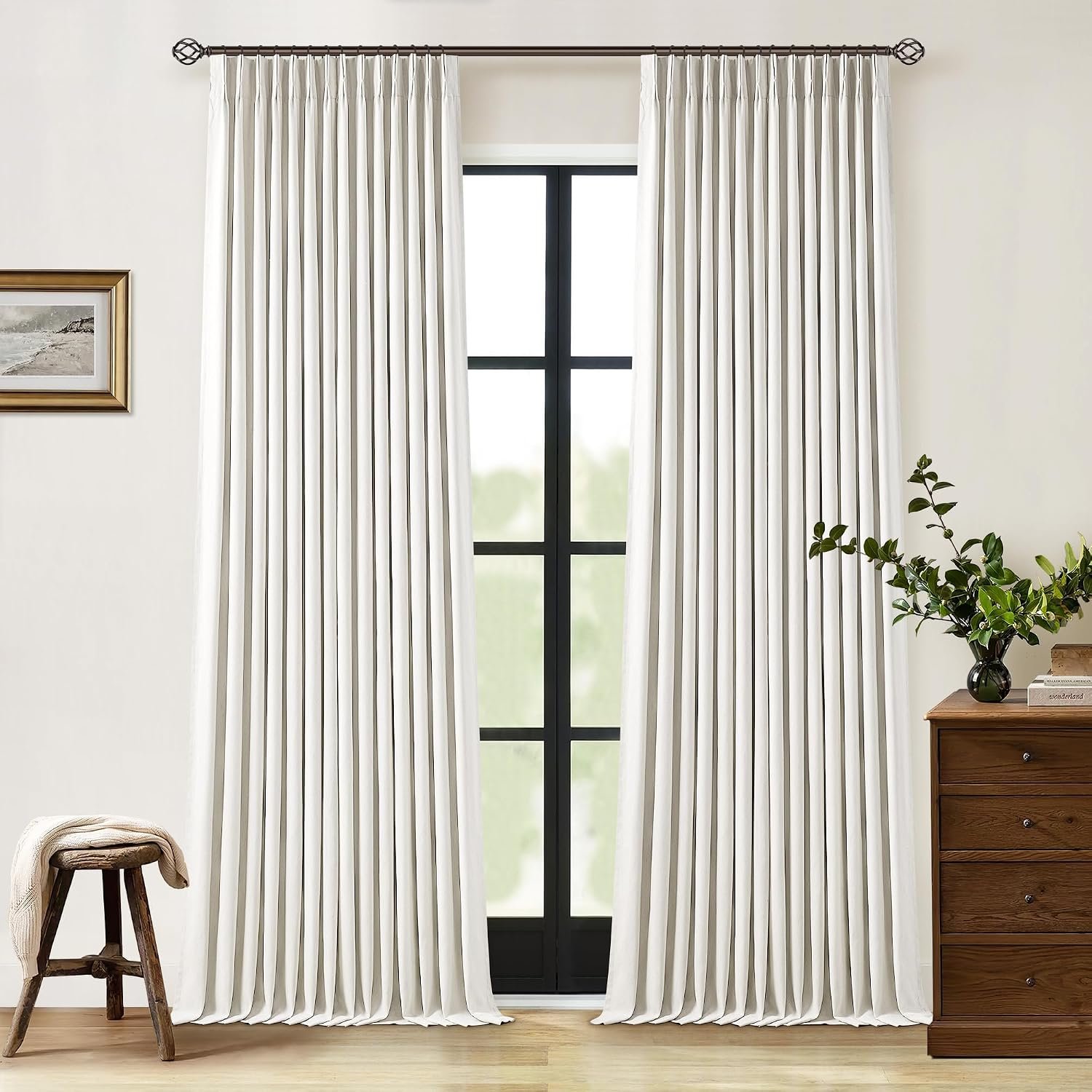 90 Inch Pinch Pleated Linen 100% Blackout Curtains 2 Panels Cream Natural