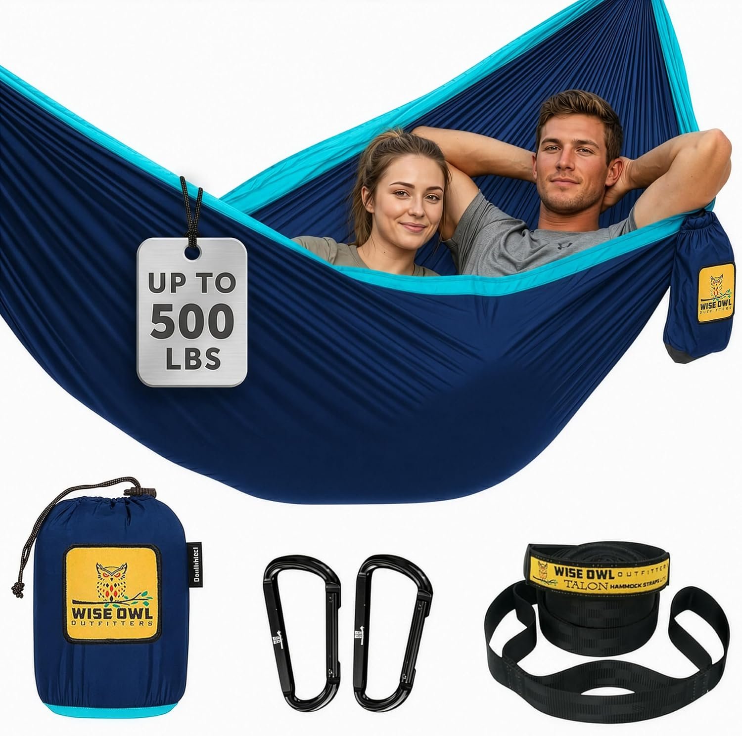Wise Owl Outfitters Hammock for Camping Double Hammocks Gear for The Outdoors Backpacking Survival or Travel – Portable Lightweight Parachute Nylon DO Navy & Lt Blue
