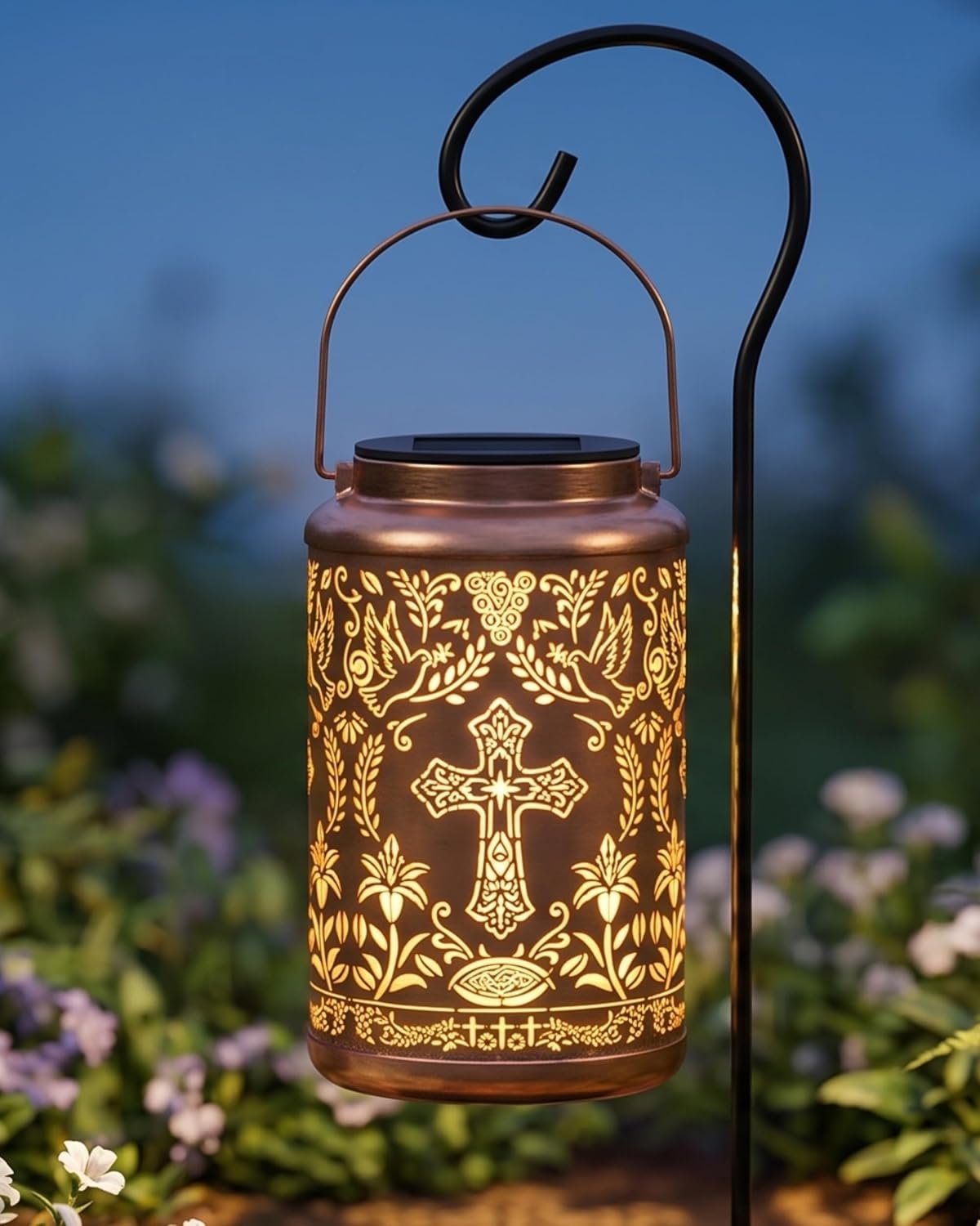 Solar Lantern with Shepherd Hook Hanging Pole, Cross, Religious Decorations | Decorative Outdoor Waterproof Garden Lantern | Catholic Christian Gift Idea for Home, Yard, Patio, Backyard, Porch
