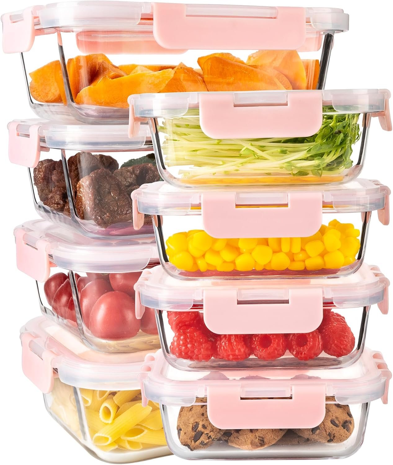16Pack Glass Meal Prep Containers 8 Bowls with 8 Airtight Pink Lids 2 Sizes