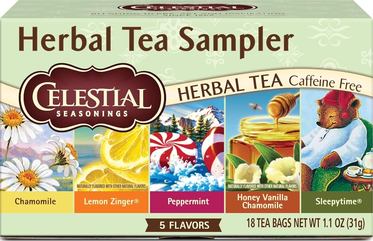 Celestial Seasonings Herbal Tea Sampler Variety Pack, Caffeine Free, 18 Tea Bags Box