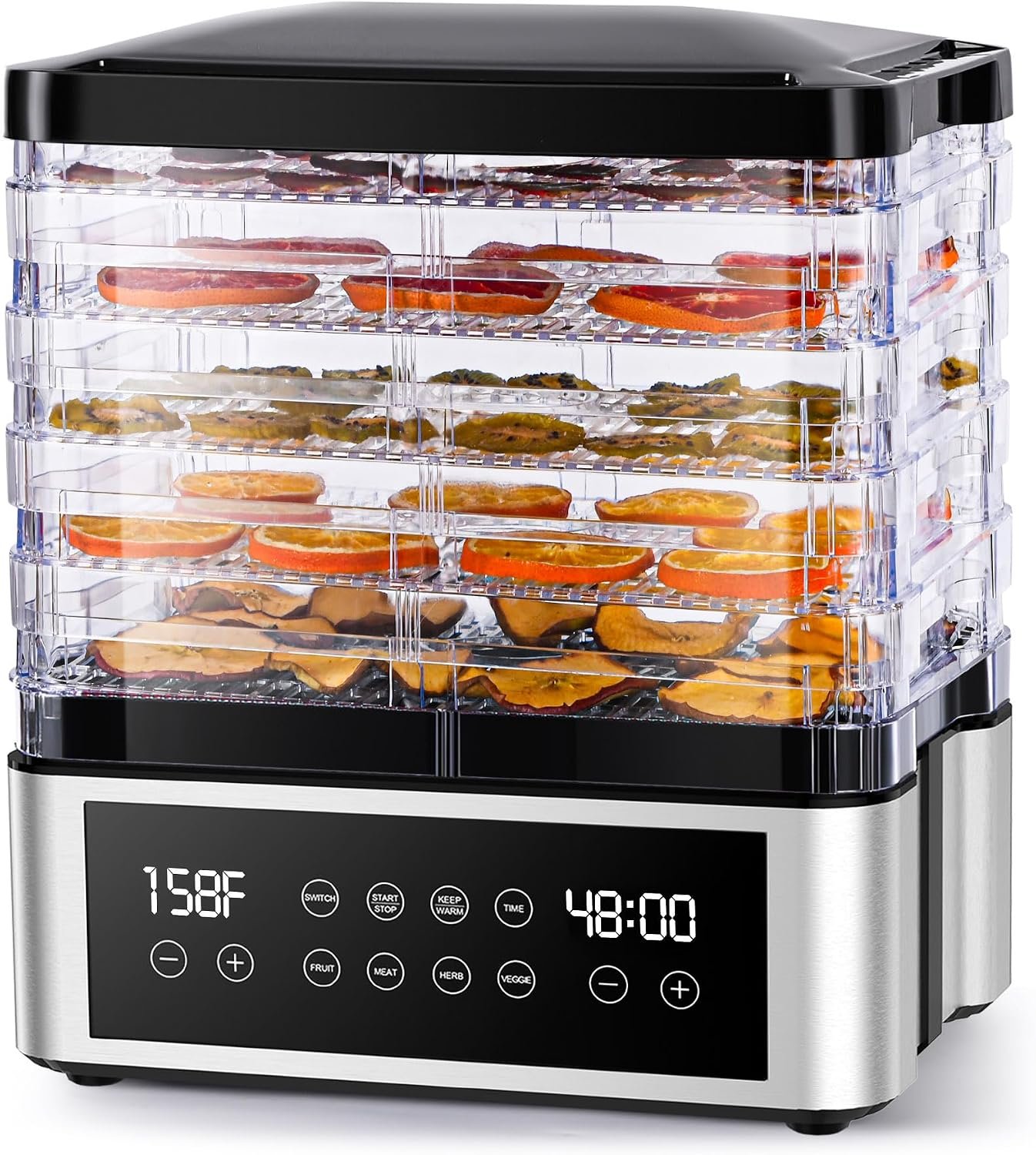 Food Dehydrator Machine with One-Touch Food Presets, 5 Stackable Drying Trays, 48H Digital Timer, 95-167°F Temperature Control, Compact BPA-Free Dehydrator for Jerky, Fruit, Herbs & Dog Treats