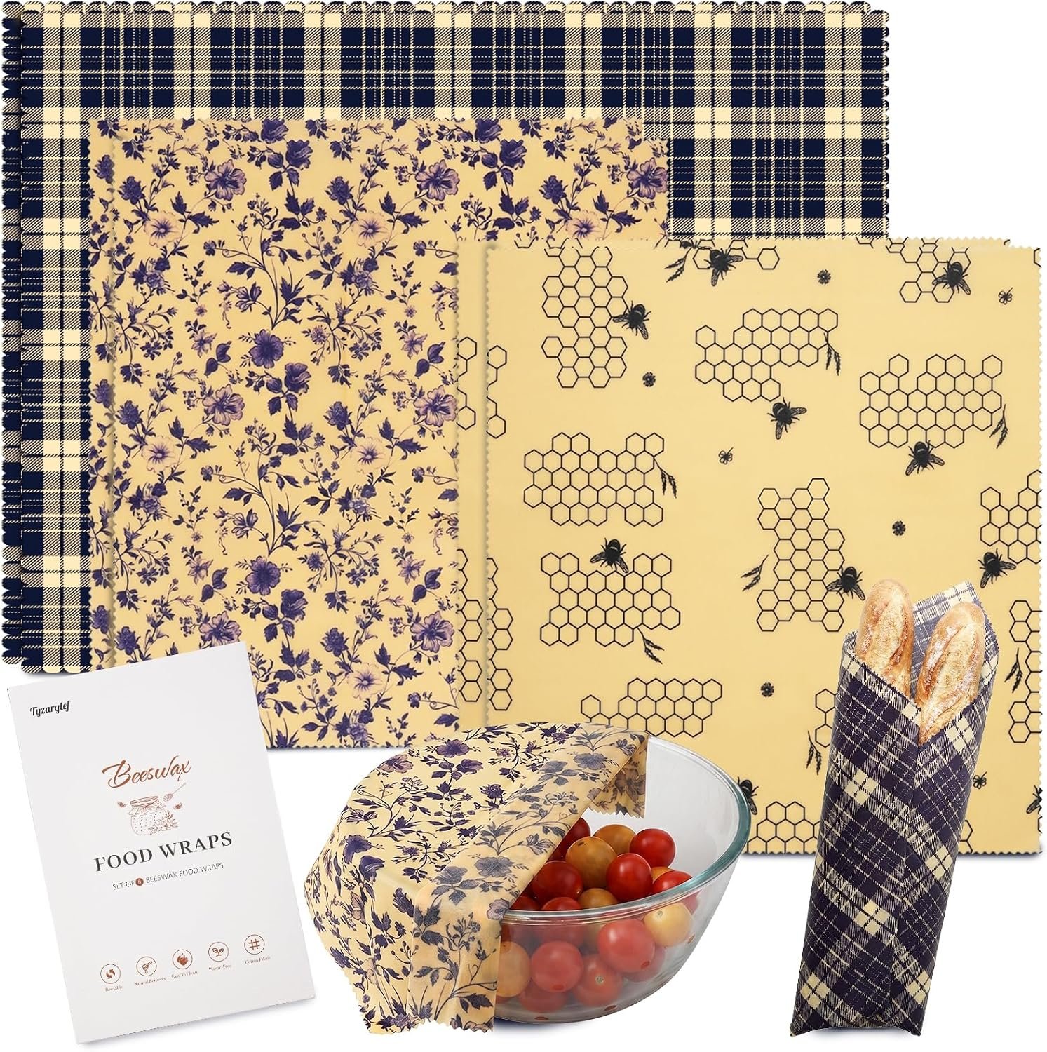 6 Pack 4L & 2XL Reusable Beeswax Wraps for Food, Reusable Beeswax Food Wraps for Bread, Cheese, Fruits, Zero Waste, Plastic-Free Storage, Natural Cotton with Plaid, Floral & Bee Patterns