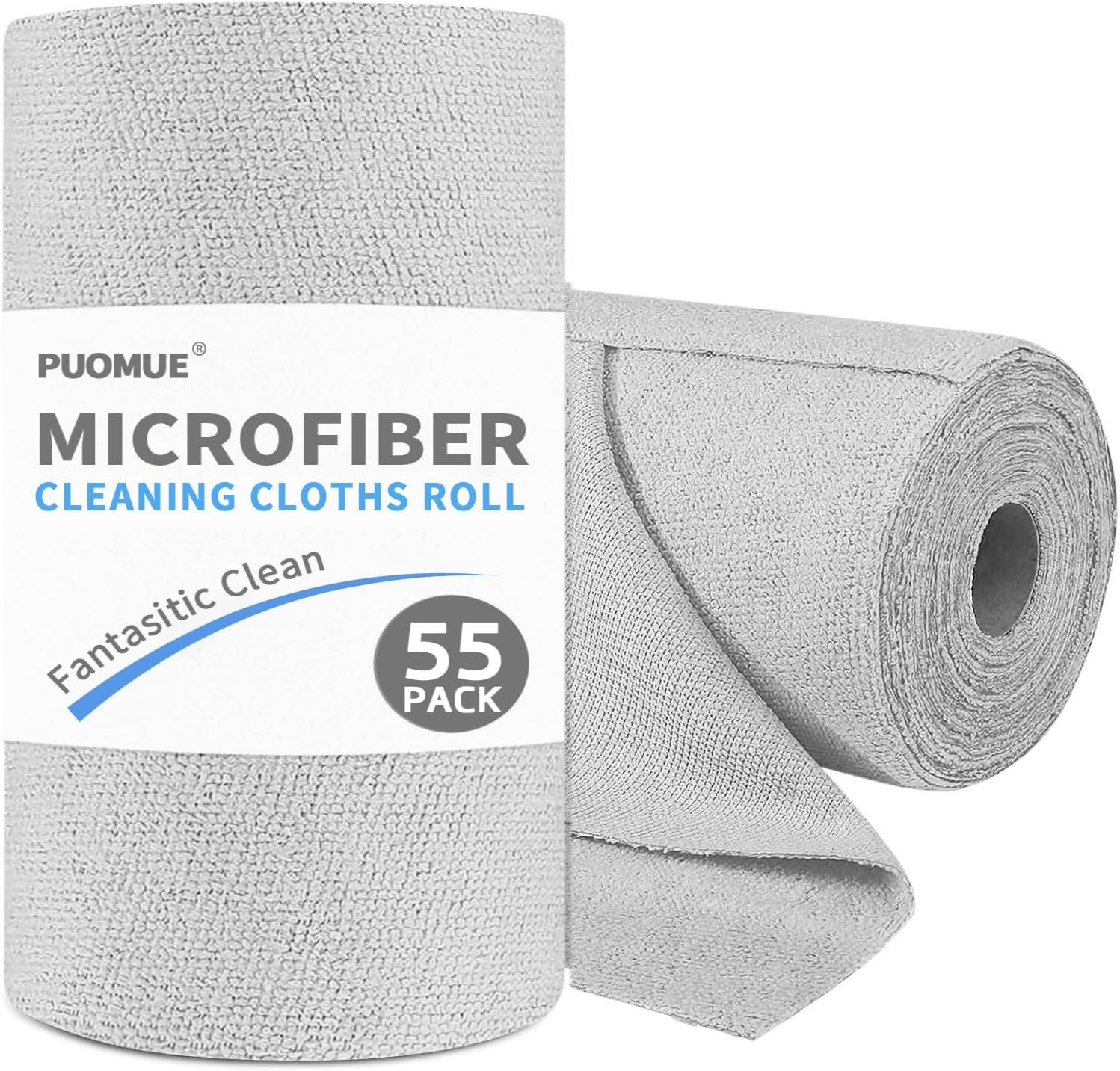 Puomue 55 Pack Microfiber Cleaning Cloth Roll, Tear Away Reusable Paper Towels, 11″ x 9″, Ultra Absorbent & Lint Free Microfiber Cloth for Cleaning Cars, Kitchen, Window, Home and Shop, Grey