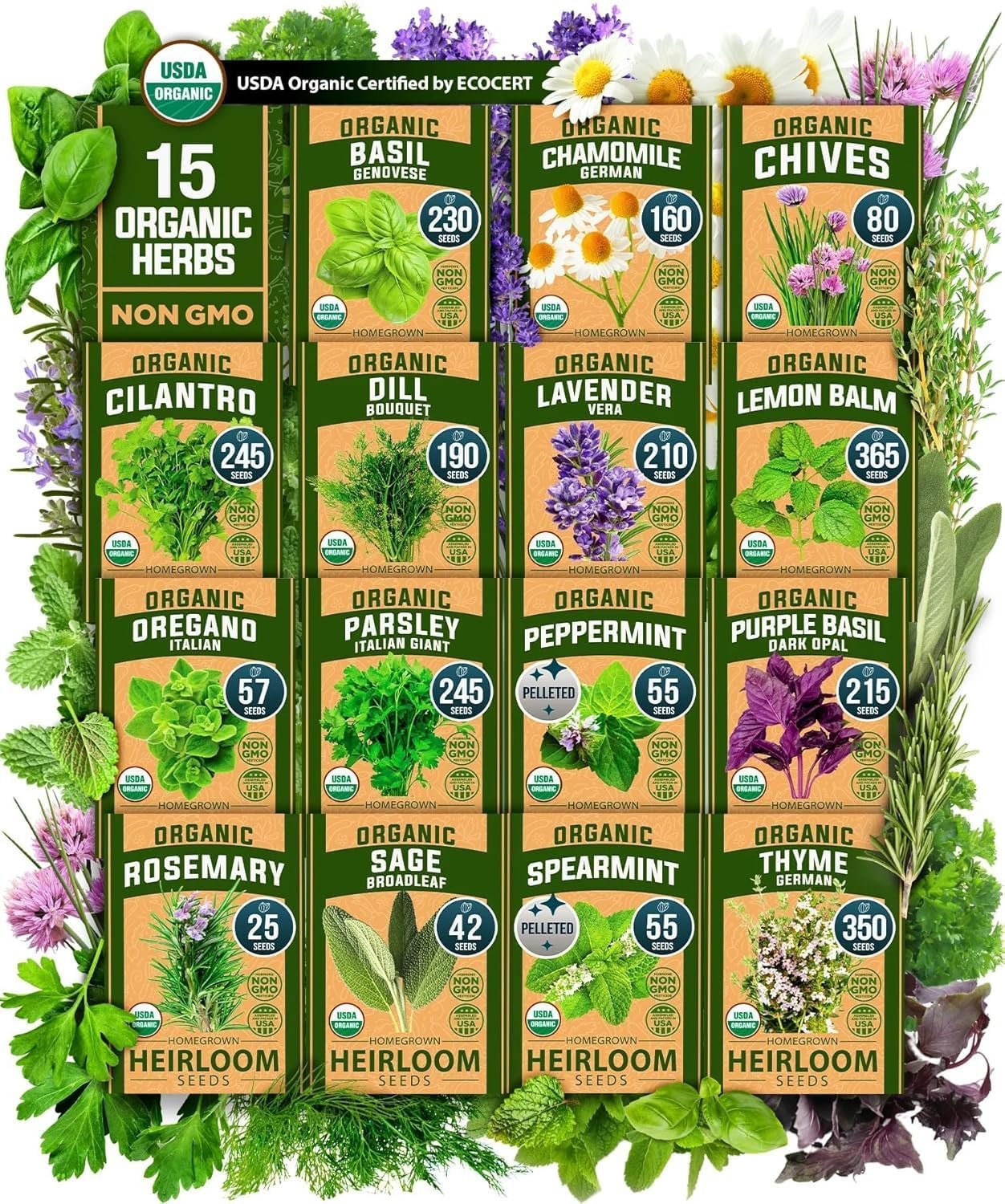 HOME GROWN Herb Seeds Non GMO, Heirloom 2,500+ Non GMO High-Germinating Heirloom Seeds for Planting Indoor Outdoor Herb Garden Hydroponics Garden Seeds, Basil Cilantro & More