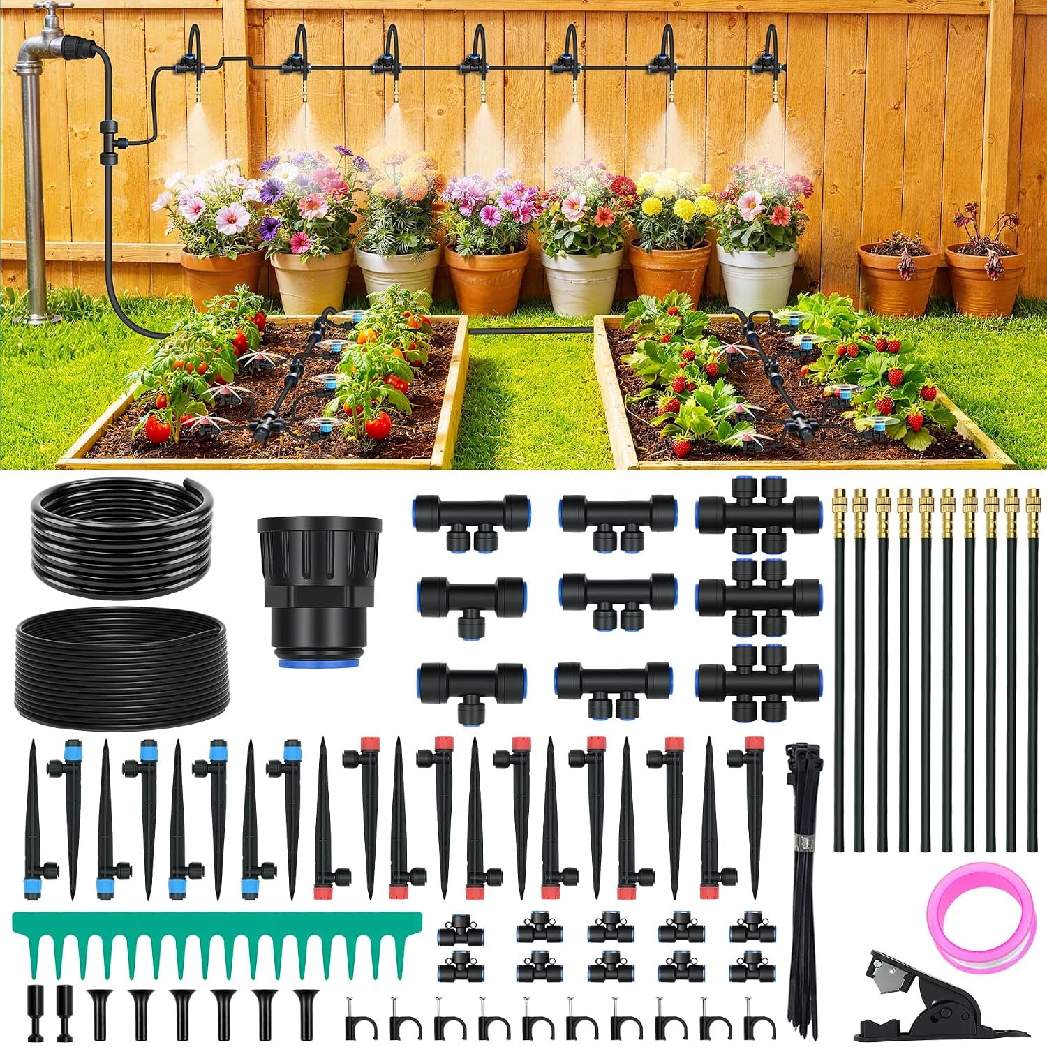 100FT Drip Irrigation Kit with 30 Emitters, 3 Spray Types, Push-Fit System