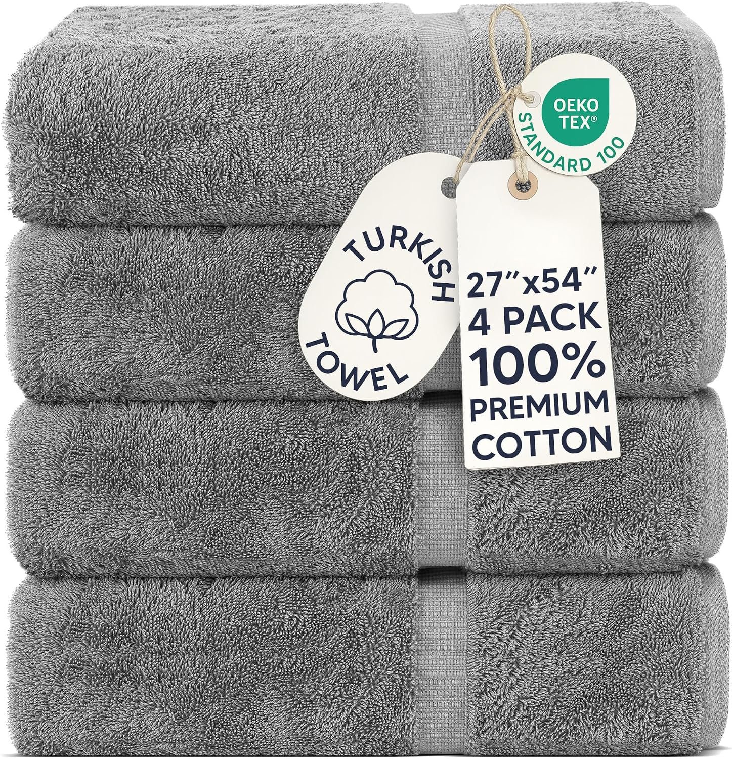 Chakir Turkish Linens 100% Cotton 4-Pack Bath Towels 27×54, Gray