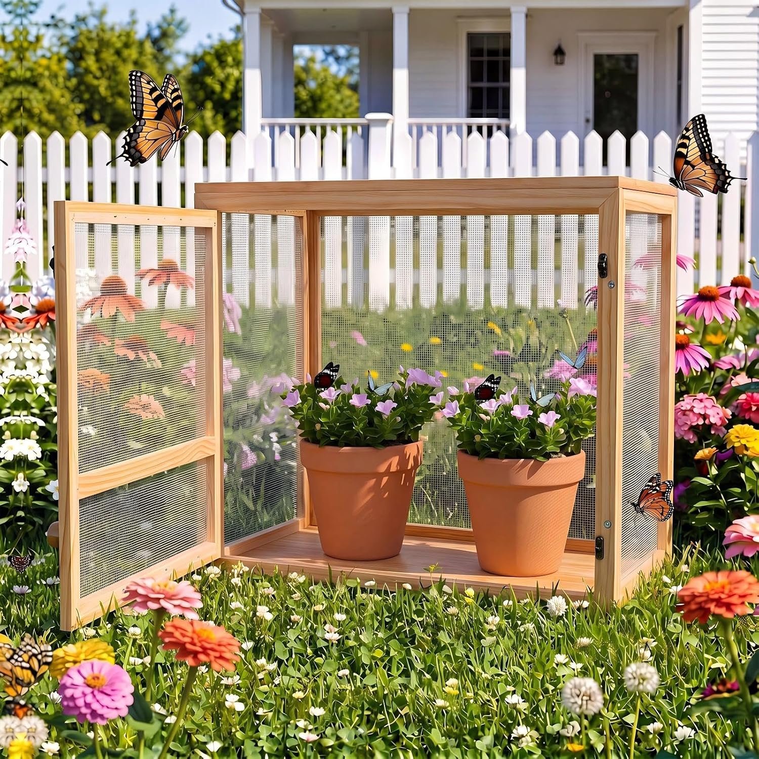 Bucherry Wooden Butterfly Habitat Cage Kit Monarch Caterpillar Enclosure with Mesh Tent & Wood Frame, Detachable Insect Observation House for Kids Outdoor Garden (20″)