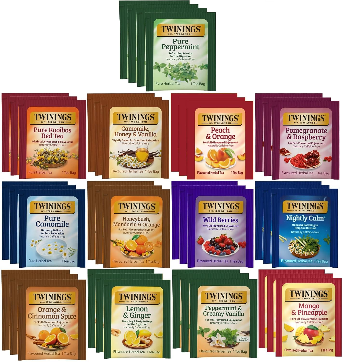 Twinings Assorted Herbal, Naturally Caffeine-Free Tea Bag Sampler, 40 Count