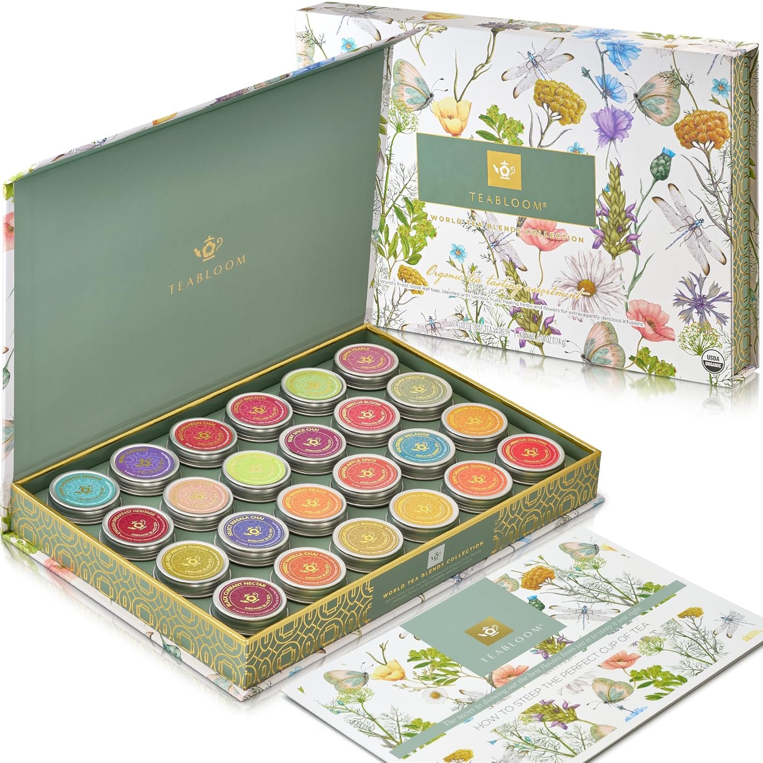 Teabloom Exceptional Organic & Kosher Certified Loose Leaf Tea Chest, World’s Largest Tea Collection with 24 Varieties of Black, Green, White, Oolong, and Herbal Teas