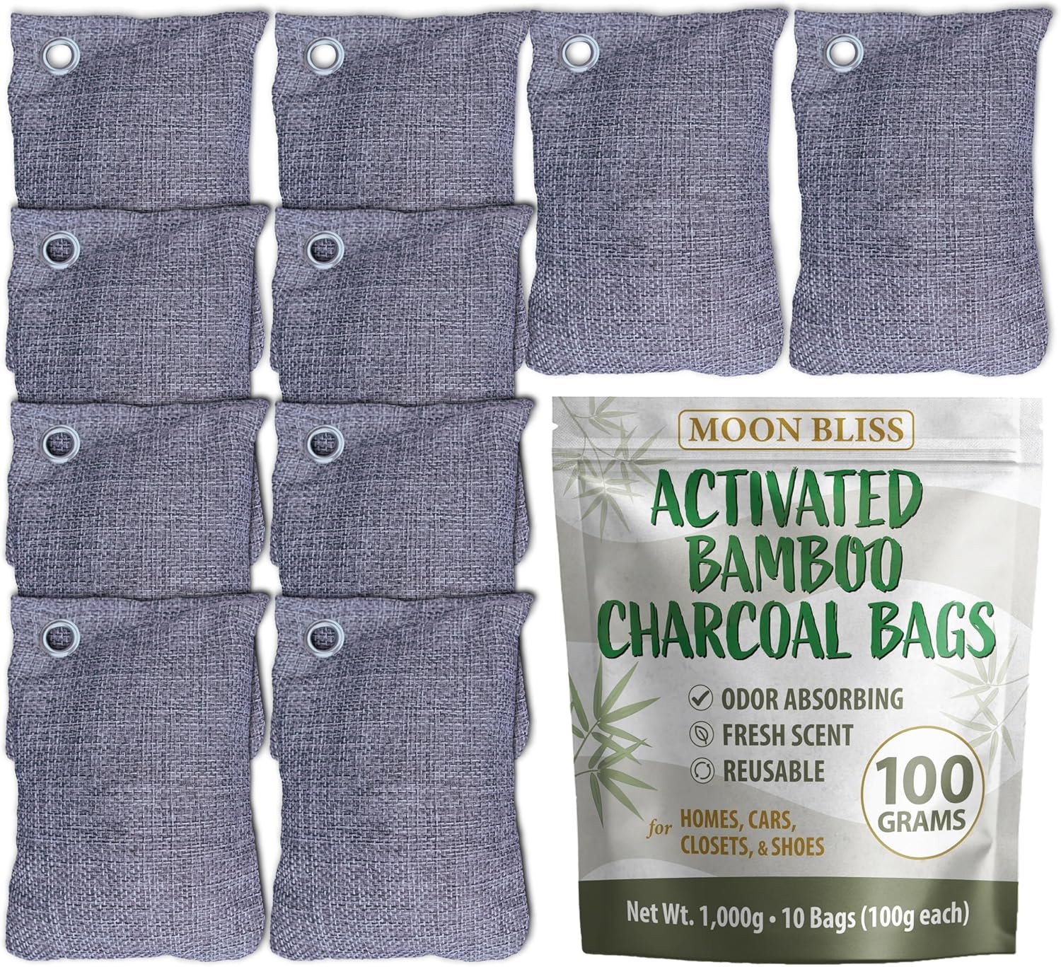 100g Bamboo Charcoal Bags (Pack of 10 Bags) – Activated Charcoal Odor Absorber – Reusable Bags for Homes, Cars, Closets, & Shoe Odor – Absorbs Odors & Moisture – Organic Sustainable Room Air Freshener