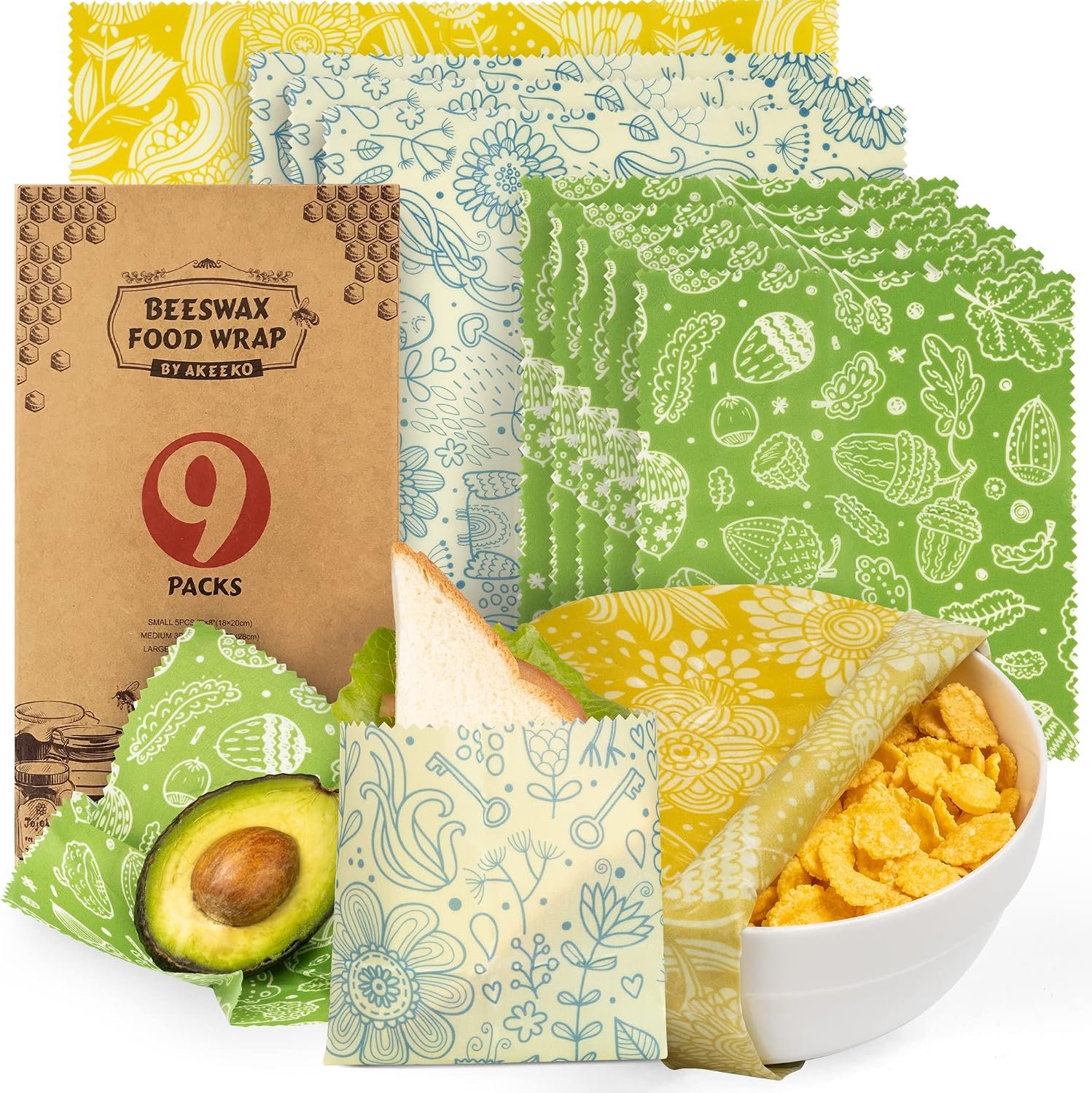 Akeeko Reusable Beeswax Food Wraps – Assorted 9 Packs, Reusable, Plastic-Free Food Storage, 5 Small, 3 Medium, 1 Large Wraps with Plants Pattern