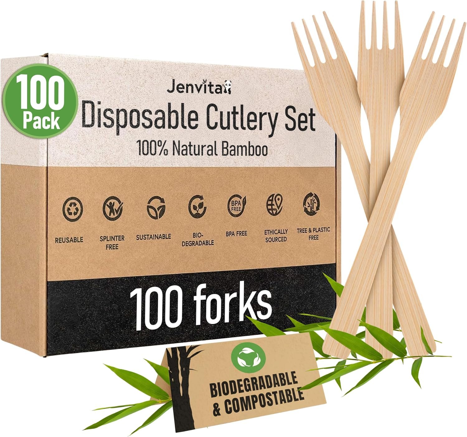 100% Bamboo Forks Set, 100 Pack, Disposable Compostable Cutlery
