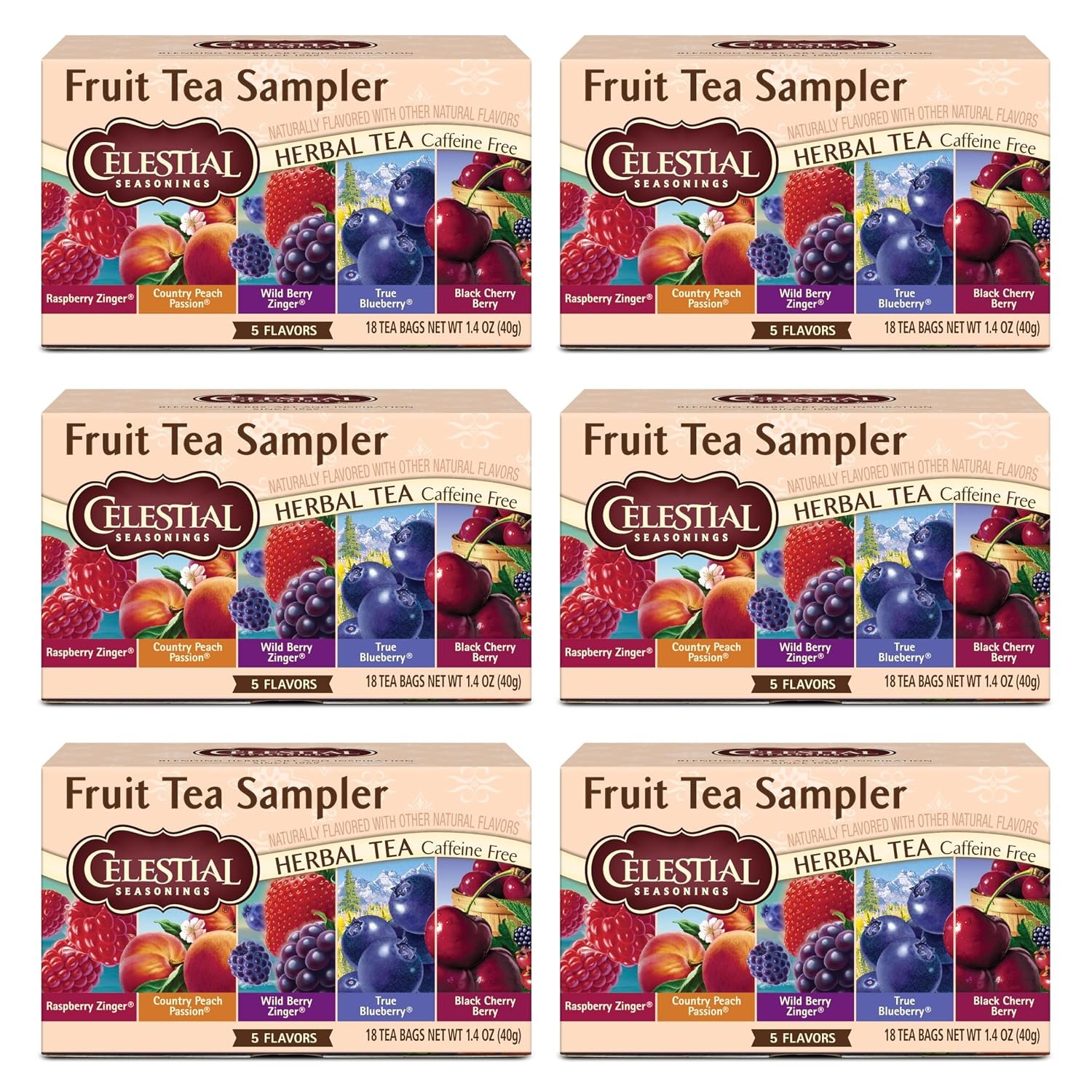 Celestial Seasonings Fruit Tea Sampler Herbal Variety Pack, Caffeine Free, 18 Tea Bags Box, (Pack of 6)