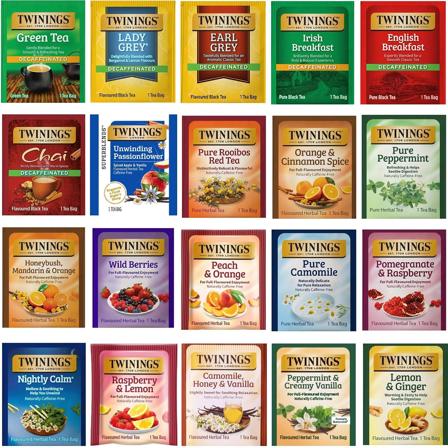 Twinings Herbal & Decaf Tea Variety Pack – Decaf Tea Sampler – Individually Wrapped Herbal Tea Bags, Green Decaf, Lady Grey Decaf, Earl Grey Decaf, Pure Peppermint, Camomile, Rooibos Red, Honeybush Mandarin Orange, Plus 13 More Flavors (Decaf, 1 Count (Pack of 20))