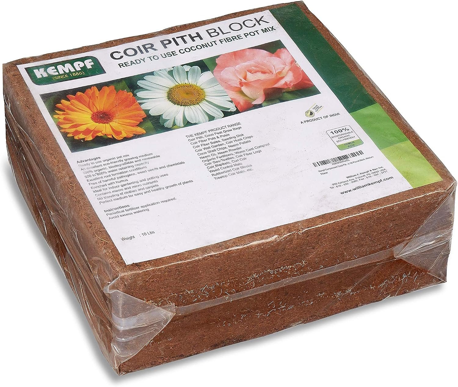 Kempf Compressed Coco Coir Pith Block, 10 Pound Block, Natural Potting Mix, Expands to 18 Gallons