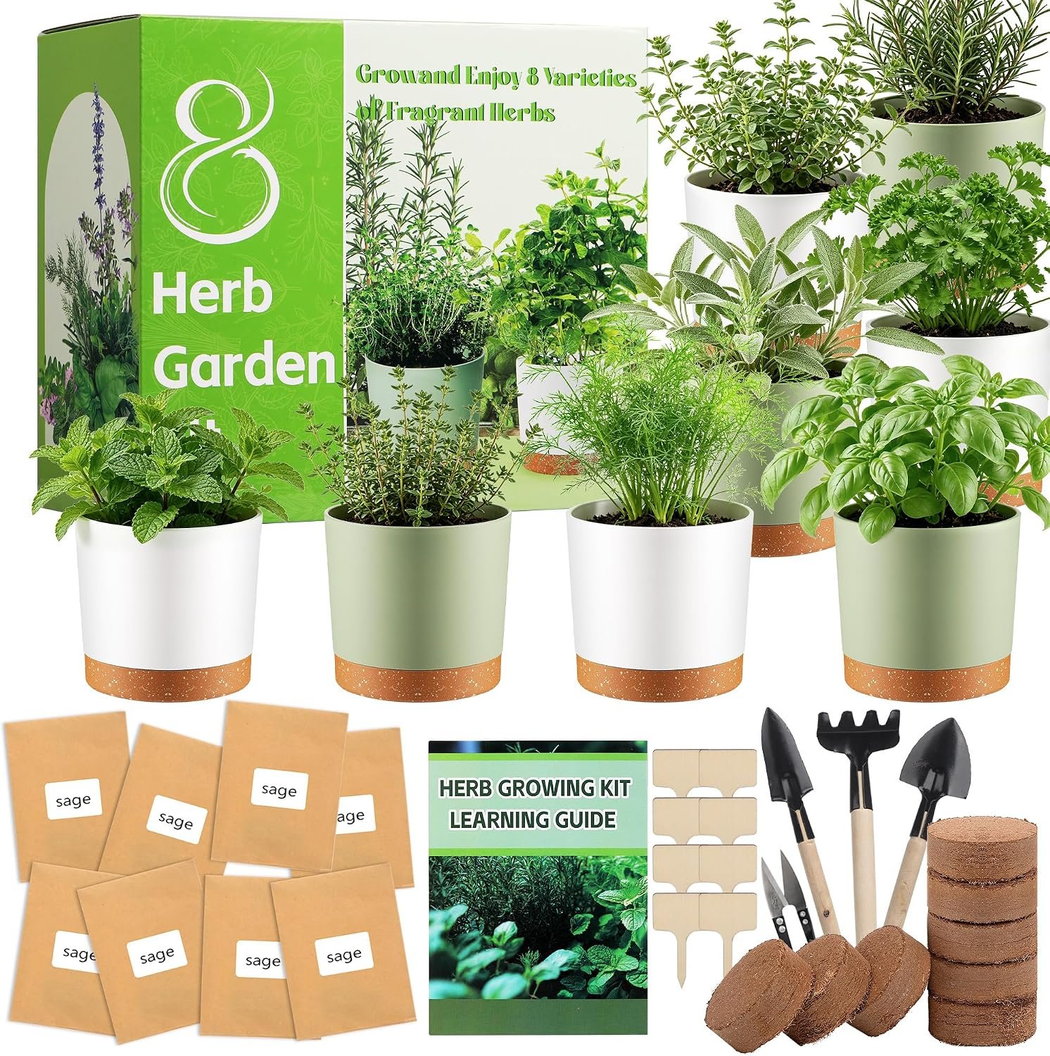 8 Herb Garden Kit – Indoor Herbs Seeds Growing Kit Gardening Gift Birthday Housewarming Christmas Gift for Women Her Men Retirement, Complete Starter Set with Organic Seeds for Beginner