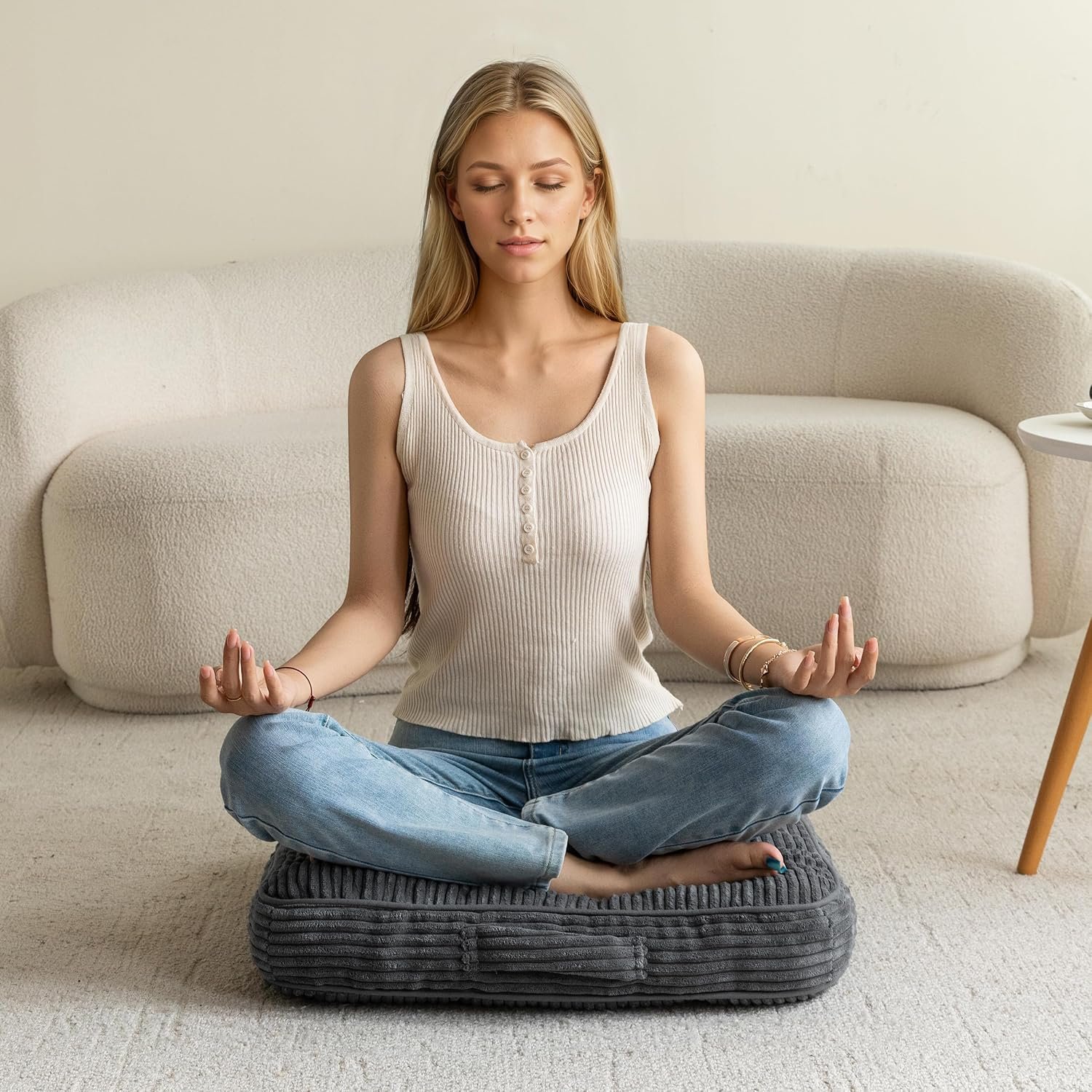 HIGOGOGO Floor Pillow Cushion for Adults, Meditation Cushion Pillow, Large Square Floor Sitting, Tufted Corduroy Cover, for Tatami Living Room or Yoga, 22×22 Inch, Dark Grey