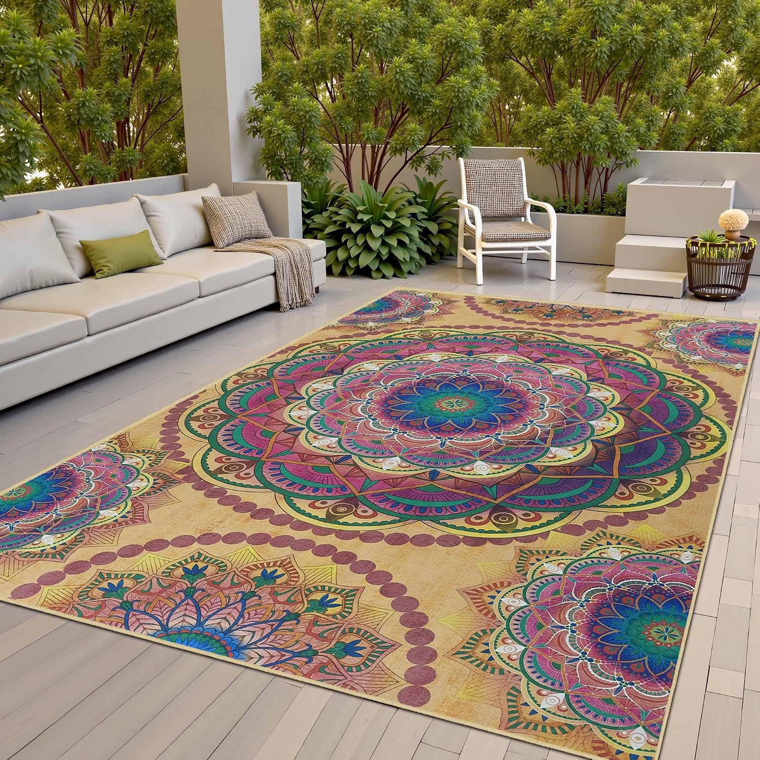 Arenarug Meditation Indoor Outdoor Rug 8×10 ft Mandala Pattern Rug Boho Style,Yoga Meditation Mat Picnic Rug for Patio Living Room Porch Garden Deck Backyard Easy to Clean Non Shedding Non-Slip
