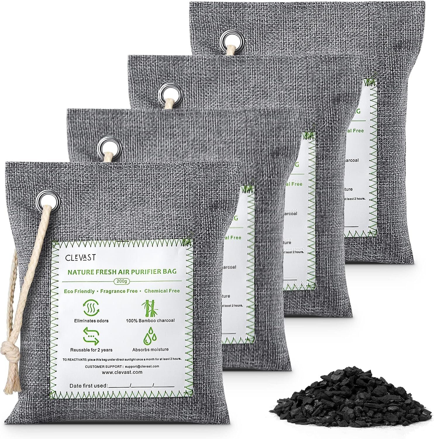 CLEVAST Bamboo Charcoal Air Purifying Bags – (Large, 4×200g), Removes Odors and Moisture, Nature Fresh Air Purifier Bags, Odor Eliminator for Home, Car, Pets, Bathroom, Basement