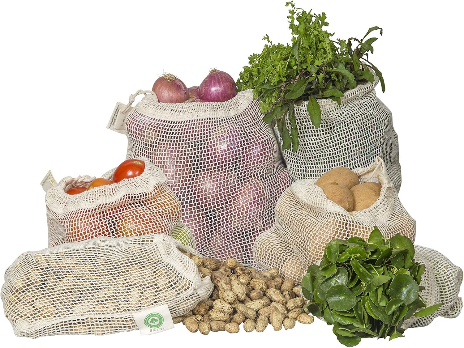 Reusable Cotton Mesh Produce Bags – 100% Organic Cotton, Durable, Double Stitched, Washable with Tare Weight & Drawstring – Mesh Bags for Grocery Shopping, Vegetables & Fruits | Set of 6 (2L, 2M, 2S)