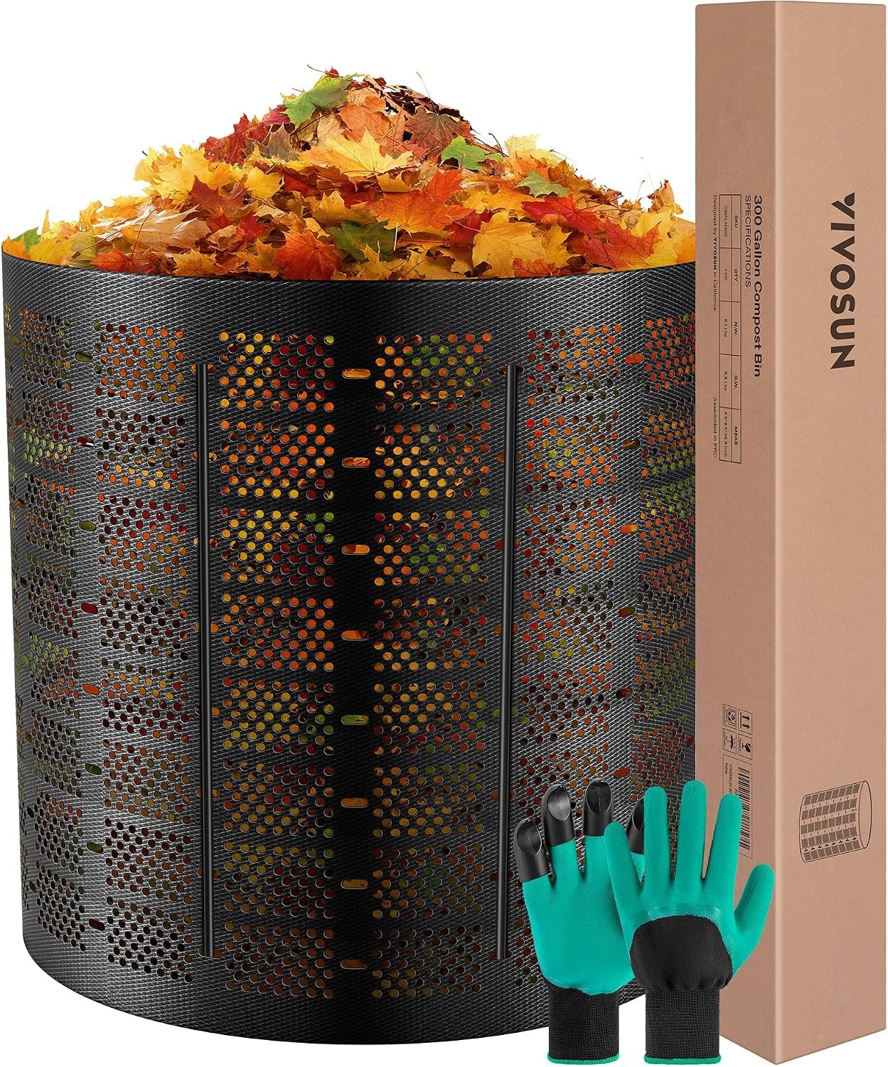 VIVOSUN 300 Gallon Outdoor Compost Bin, Expandable Composter, Easy to Setup & Large Capacity for Backyard, Lawn (Black with Gloves)
