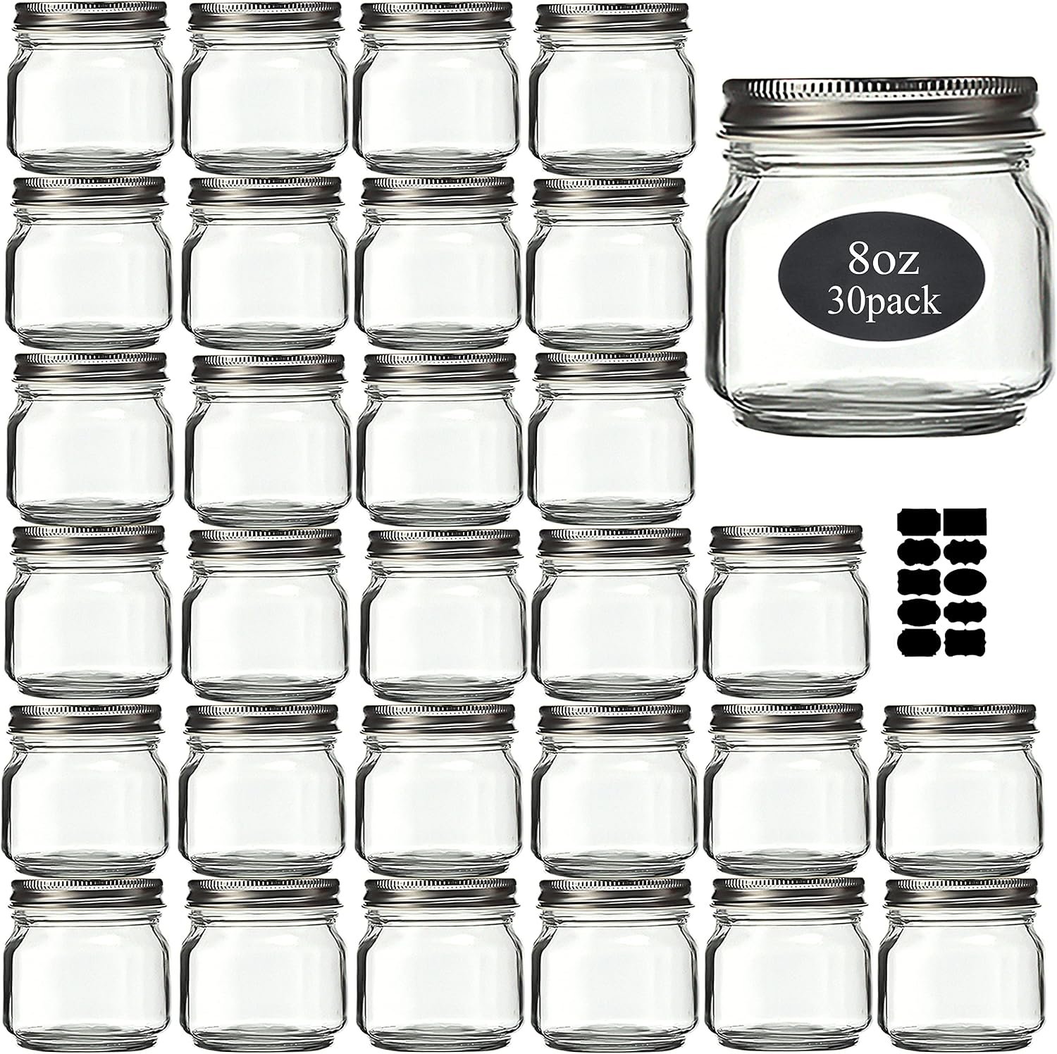 Rainforce Mason Jars 8 oz 30 Pack Small Glass Caning Jars with Silver Lids