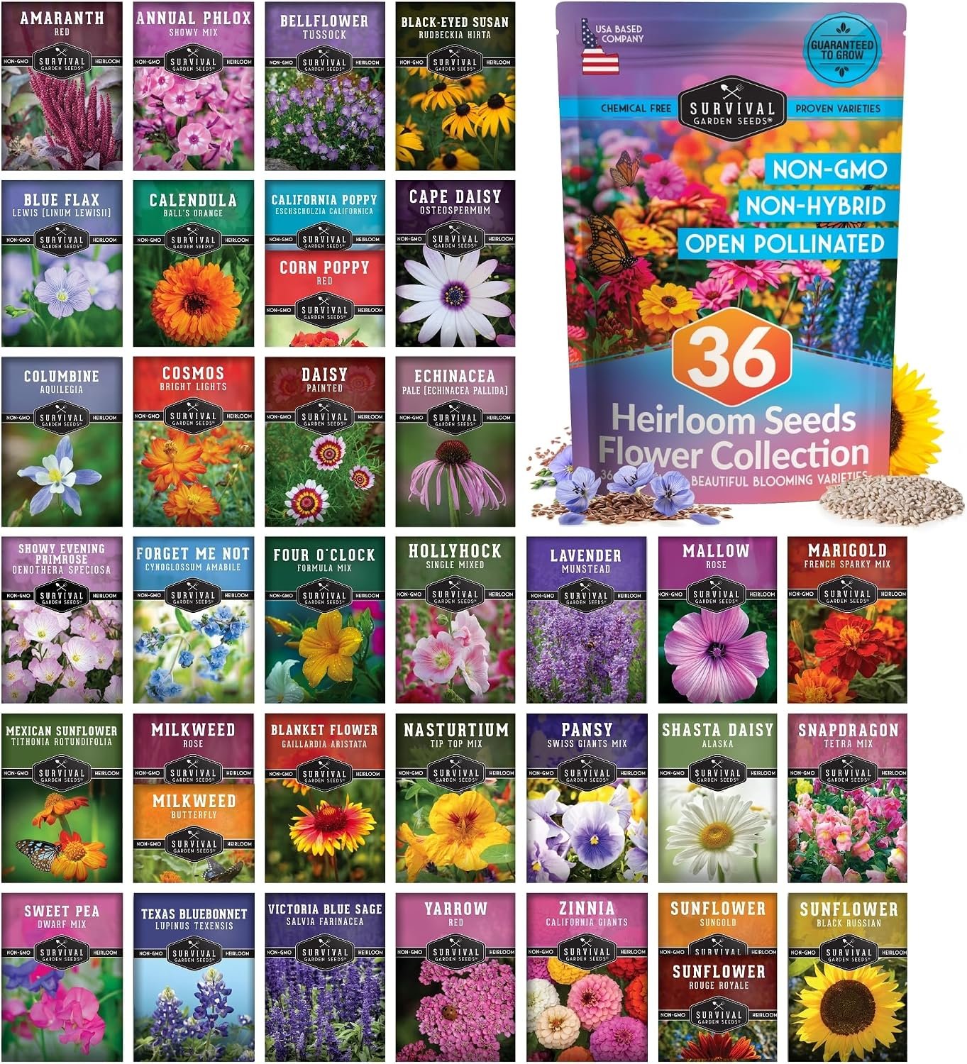 Flower Garden Seeds 36 Variety Kit – Heirloom Starter Pack