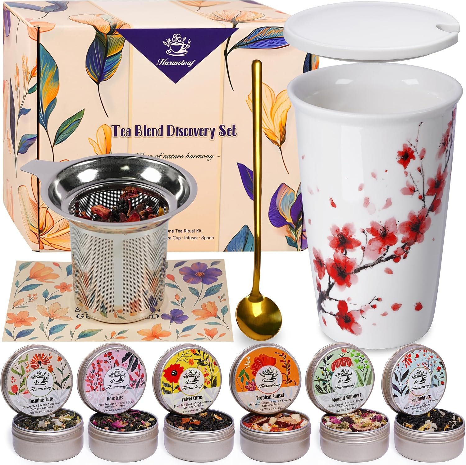 Tea Gift Set for Women – 6 Herbal Loose Leaf Tea Blends, Insulated Ceramic Cup with Infuser & Lid | Birthday, Mother’s Day, Anniversary & Retirement Gift for Her