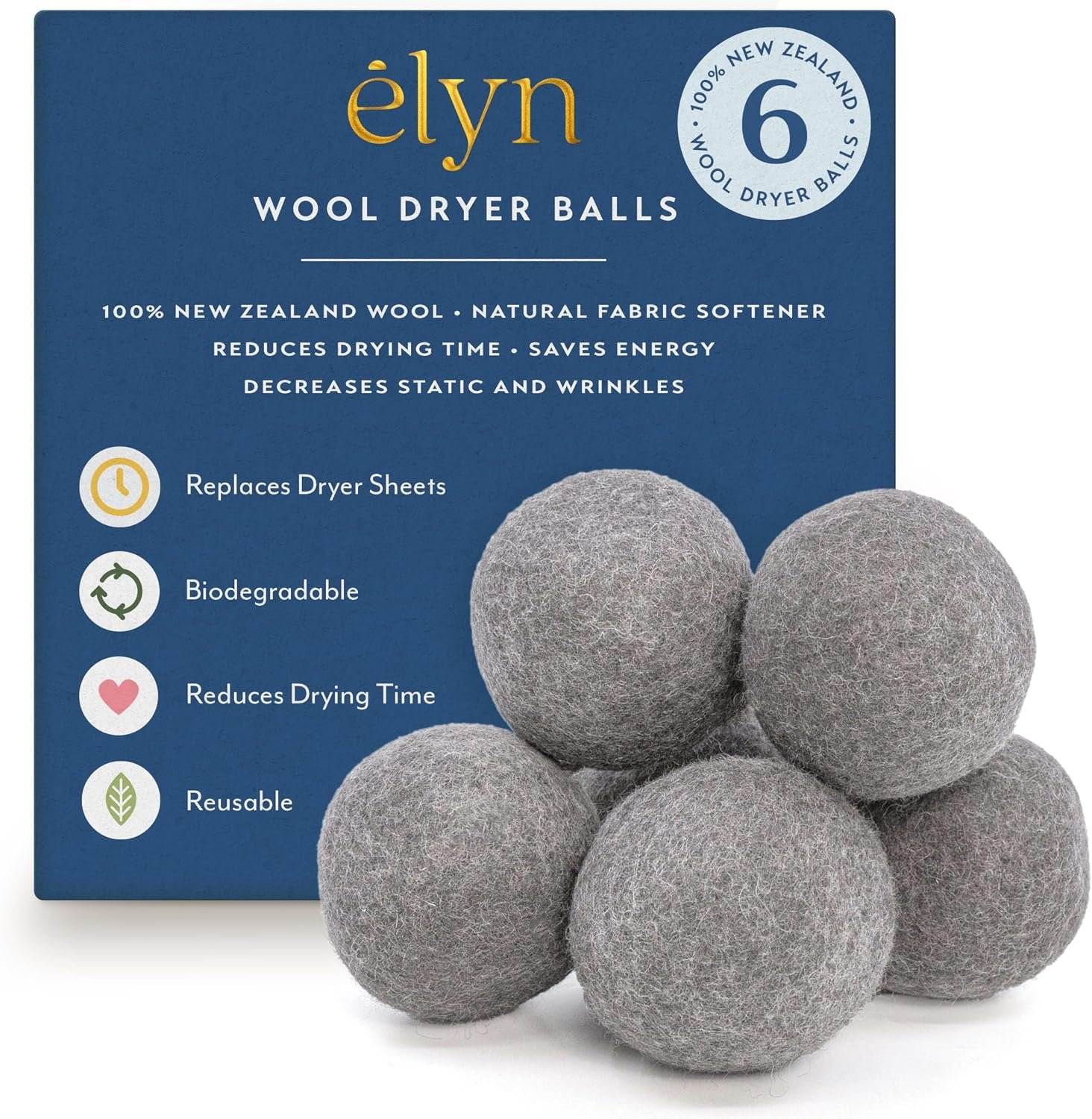 ELYN Wool Dryer Balls 6-Pack – XL, 100% New Zealand Wool, Reusable and Handmade. Fragrance-Free, Natural Fabric & Laundry Softener, Reduce Wrinkles, Static and Drying Time (Grey)