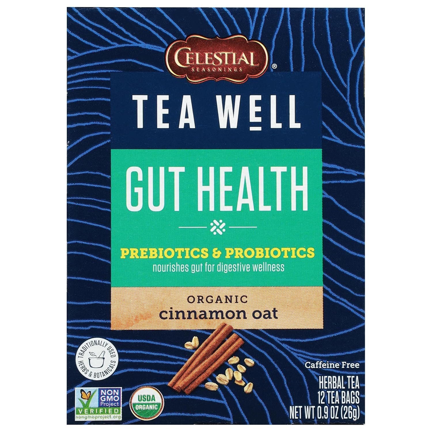 Celestial Seasonings TeaWell Herbal Tea, Gut Health, Organic Cinnamon Oat, 12 Count