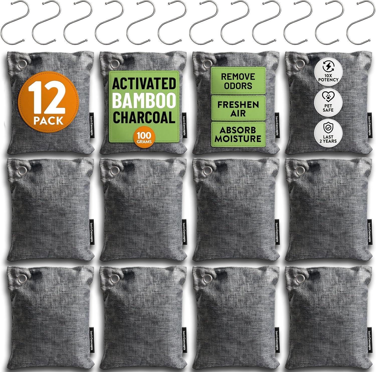 Charcoal Odor Absorber for Strong Odor (Large, 12 Pack, 100g each), Perfect for Smelly Shoes, Bamboo Charcoal Air Purifying Bag, Activated Charcoal Odor Absorber for Closet, Shoe, Car, Odor Deodorizer